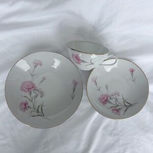 Vintage Pink Royal Court Japan Carnation Fine China 3pc Set Bowl Plate Teacup